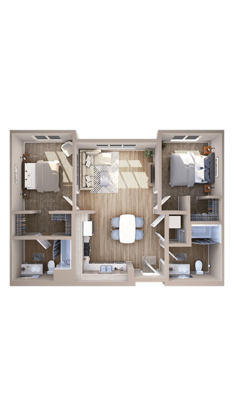 A 3D floor plan of a house with a kitchen, living room, and two bedrooms.